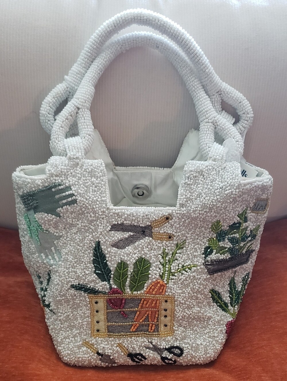 Beaded Garden Tote Bag in White - Embroidered Vegetable Design